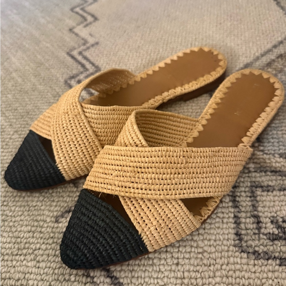 Le Mogador Woven Slide Mules in Tan and Black - Women
